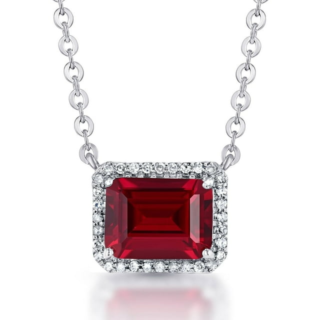 Emerald Cut Lab Created Gemstone & 0.08 CT. T.W. Diamond Necklace in Sterling Silver