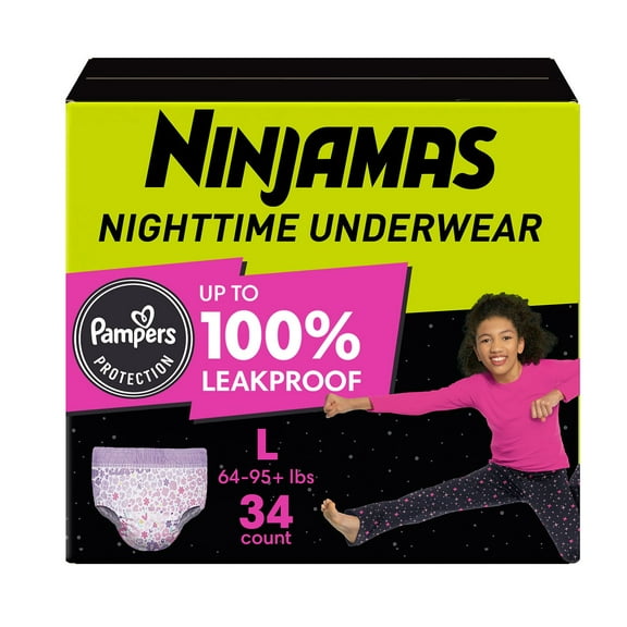 Ninjamas Nighttime Bedwetting Underwear for Girls, Sizes Small-Extra Large