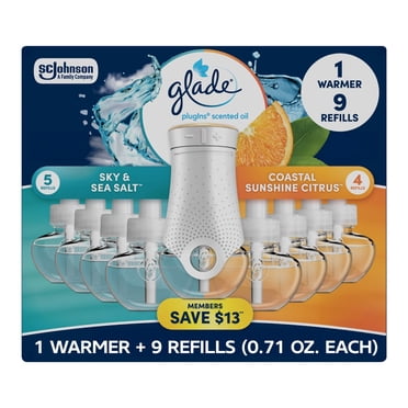 Glade PlugIns Scented Oil, Sky & Sea Salt with Coastal Sunshine Citrus, 1 Warmer + 9 Refills