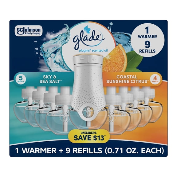 Glade PlugIns Scented Oil, Sky & Sea Salt with Coastal Sunshine Citrus, 1 Warmer + 9 Refills