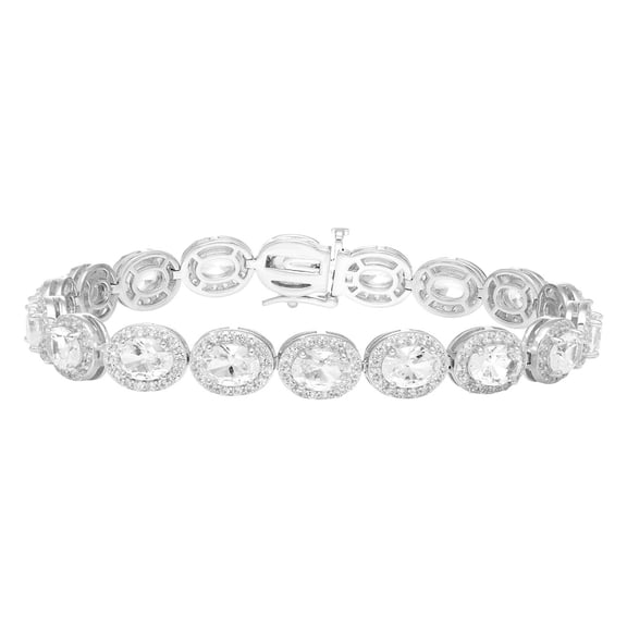 Oval Cut Gemstone Halo Tennis Bracelet in Sterling Silver