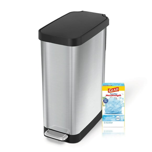 GLAD 12 Gallon SLIM Stainless Steel Anti-Microbial Odor Protection Step Can with GLAD 45Ct 13G Trash Bags