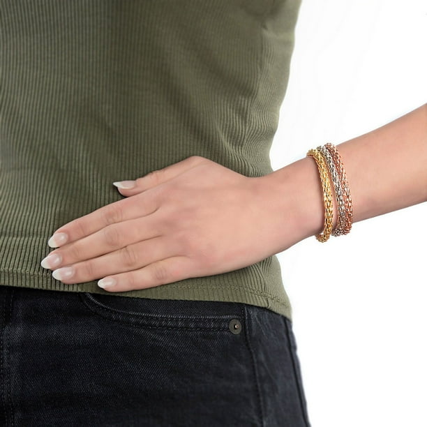 Mosaic Chain Bangle Bracelet Set in Sterling Silver & 18K Gold