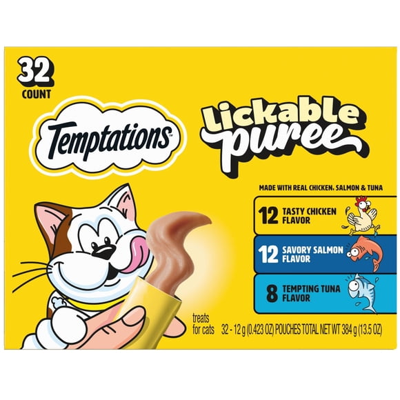 Temptations Lickable Puree Adult Variety Chicken, Salmon, and Tuna Cat Treats, 32 ct. 0.4 oz. Pouches