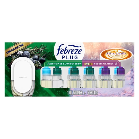 Febreze PLUG Air Freshener, Winter Pine & Juniper Berry & Cuddle Weather, 1 Warmer + 5 Refills, 4.35 fl. oz.