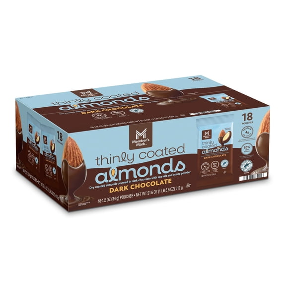 Member's Mark Thinly Coated Dark Chocolate Almonds, 1.2 oz. 18 pk.