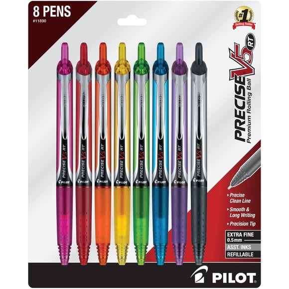 Pilot Precise V5 RT Premium Retractable Rolling Ball Pens, Extra Fine, 0.5mm, Assorted Ink, 8 Count