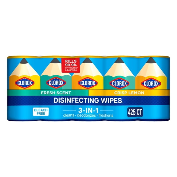 Clorox Disinfecting Cleaning Wipes Limited Edition Back to School Variety Pack, Bleach Free, Fresh Scent and Crisp Lemon, Pack of 5, 425 Wipes Total