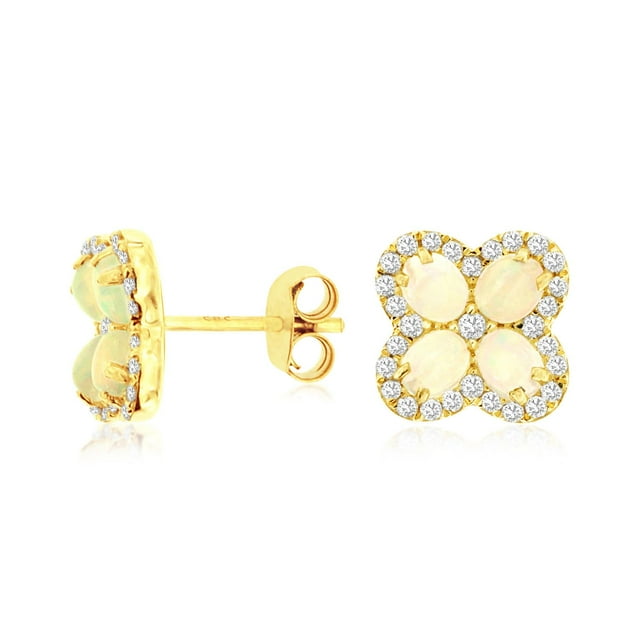 Oval Cut Gemstone & 0.35 CT.T.W. Diamond Clover Stud Earrings in 14K Gold