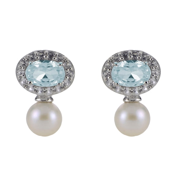 5.5-6mm White Cultured Freshwater Pearl,  Aquamarine and Lab Created White Sapphire Earrings in Sterling Silver
