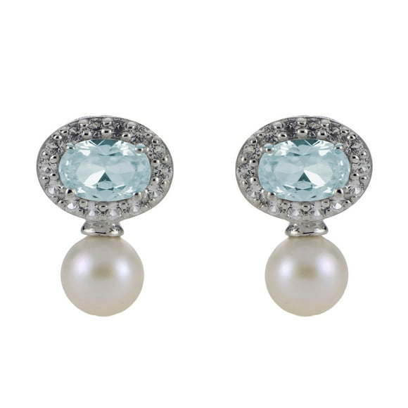 5.5-6mm White Cultured Freshwater Pearl,  Aquamarine and Lab Created White Sapphire Earrings in Sterling Silver