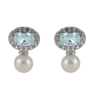 5.5-6mm White Cultured Freshwater Pearl, Aquamarine and Lab Created White Sapphire Earrings in Sterling Silver