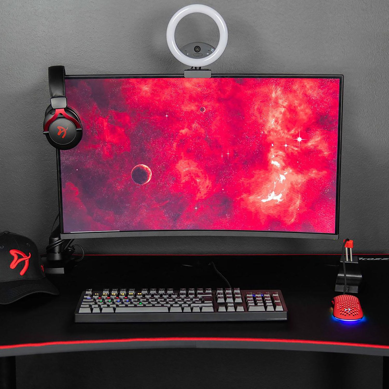 Arozzi Arena Fratello Curved Gaming and Office Desk with Full Surface Water Resistant Desk Mat Custom Monitor Mount Cable Management Cut Outs Under Th
