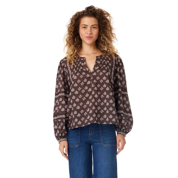 BILA Women's Printed Pintuck Long Sleeve Cotton Top
