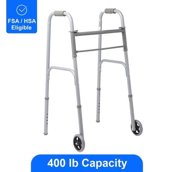 Medline Adjustable Easy Care Two-Button Folding Walker With 5" Wheels, Gray