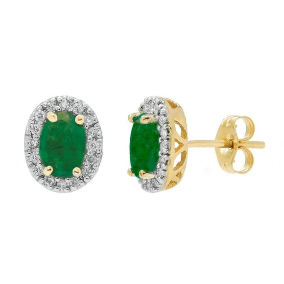 Oval Cut Genuine Gemstone & 0.16 CT.T.W. Diamond Halo Stud Earrings in 14K Gold