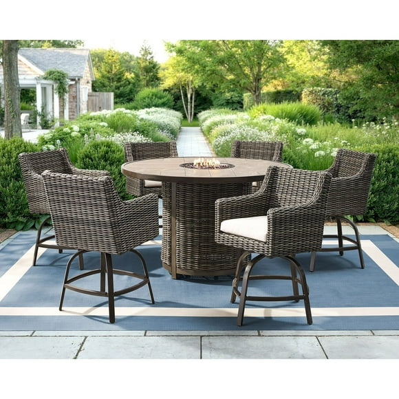 Member's Mark Breck Round High Fire Dining Set with Sunbrella Fabric, 7pc