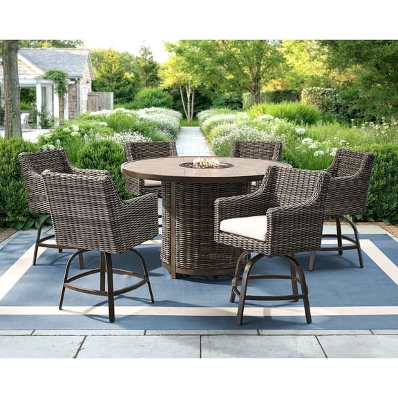 Member's Mark Breck Round High Fire Dining Set with Sunbrella Fabric, 7pc