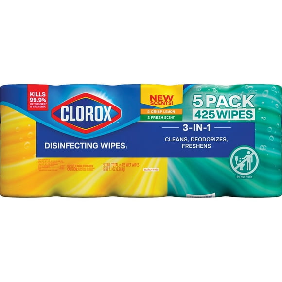 Clorox Disinfecting Wipes, Variety Pack, Fresh Scent and Crisp Lemon, 5 pack ct., 425 wipes total