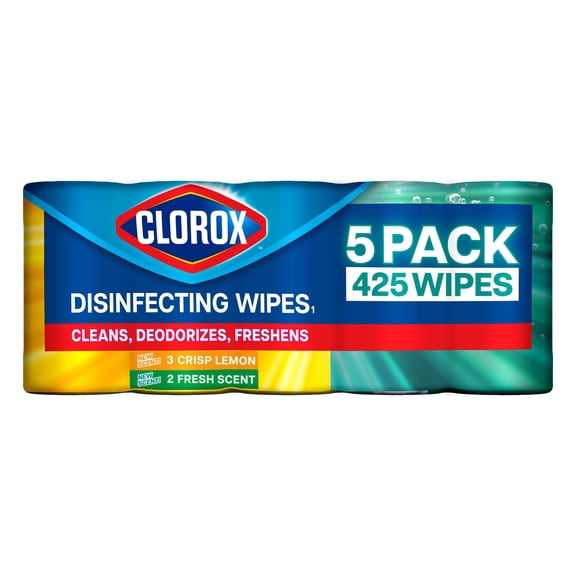 Clorox Disinfecting Cleaning Wipes Limited Edition Back to School Variety Pack, Bleach Free, Fresh Scent and Crisp Lemon, Pack of 5, 425 Wipes Total