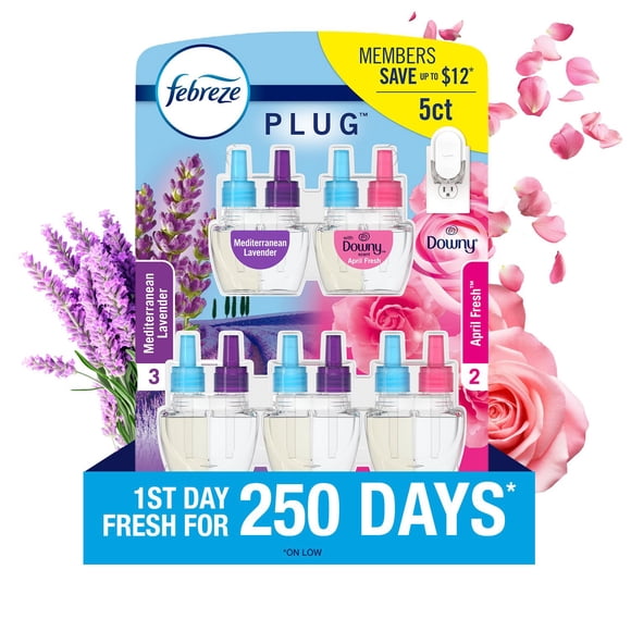 Febreze Plugs Air Freshener Refills, Mediterranean Lavender + Downy April Fresh, 5 refills