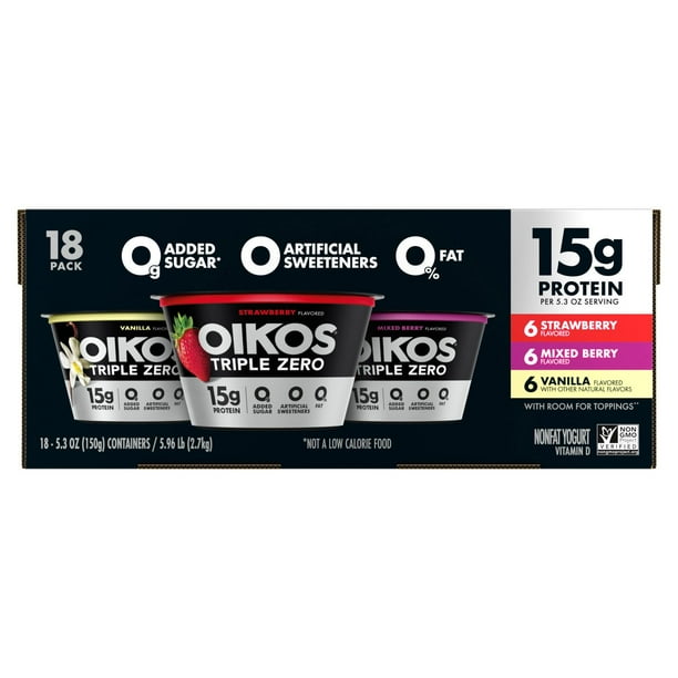 Oikos Triple Zero Nonfat Blended Greek Yogurt Variety Pack, 5.3 oz., 18 ct.