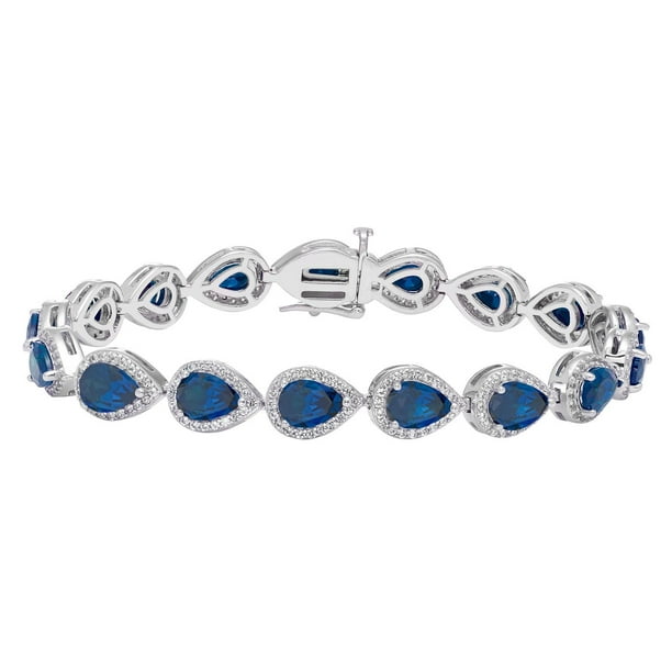 Pear Cut Lab Created Gemstone Halo Tennis Bracelet in Sterling