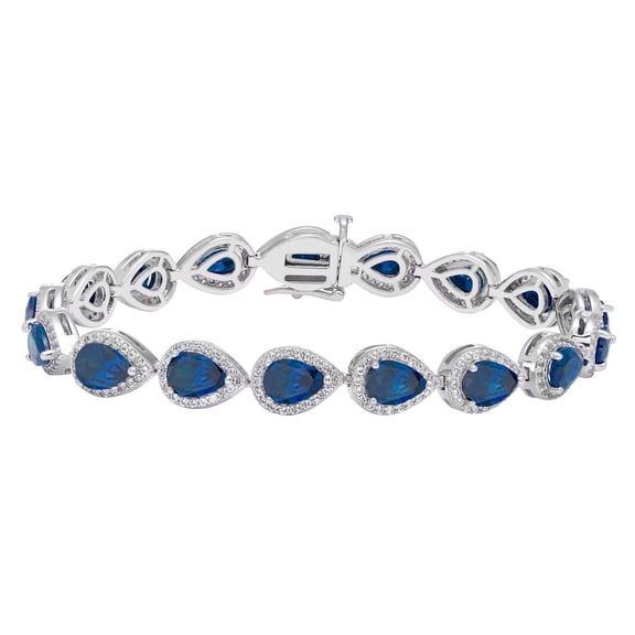 Pear Cut Lab Created Gemstone Halo Tennis Bracelet in Sterling Silver