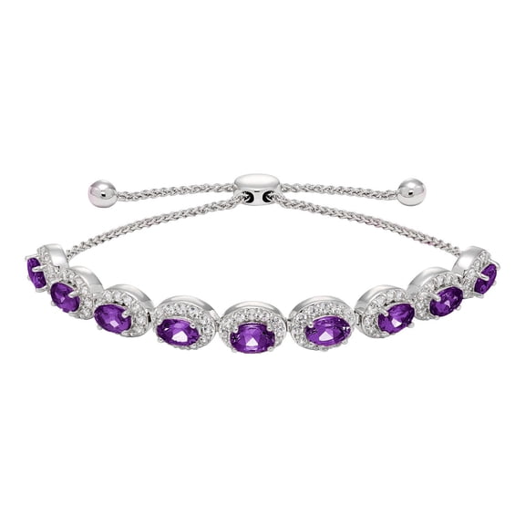 Oval Cut Gemstone Halo Bolo Bracelet in Sterling Silver