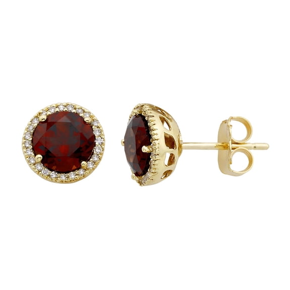 Round Cut Gemstone & 0.13 CT. T.W. Halo Diamond Stud Earrings in 14K Gold