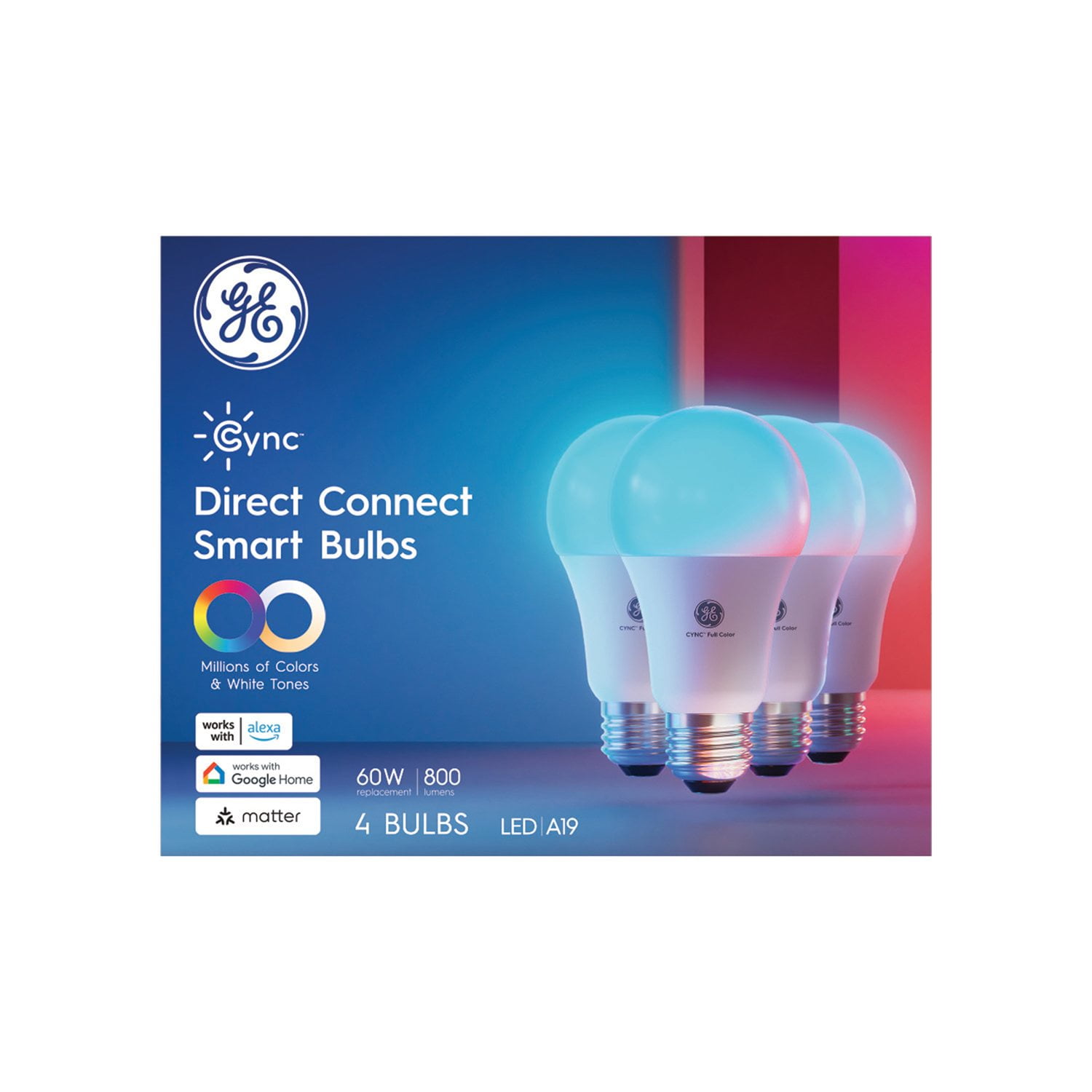 GE Cync Direct Connect A19 Smart LED Light Bulbs, Color Changing
