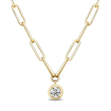 Round Cut Diamond Paperclip Necklace in 14K Gold