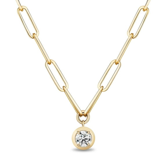 Round Cut Diamond Paperclip Necklace in 14K Gold
