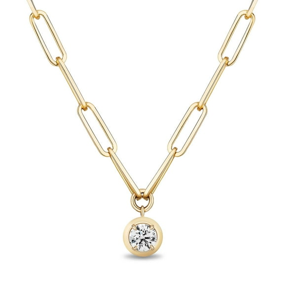 Round Cut Diamond Paperclip Necklace in 14K Gold