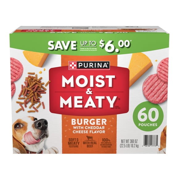 Purina Moist & Meaty Burger with Cheddar Cheese Flavor, Adult Dog Food, 6 oz., 60 ct.