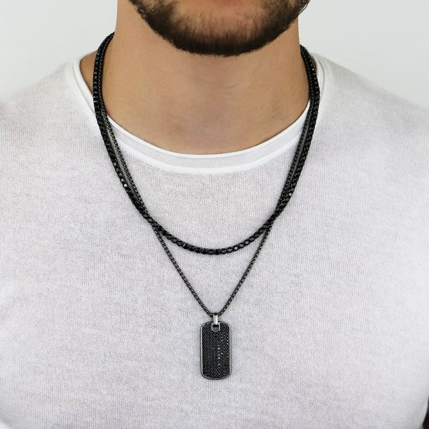 アクセサリー men ma315 Men's Black Spinel Dog Tag Pendant Chain Necklace in Sterling