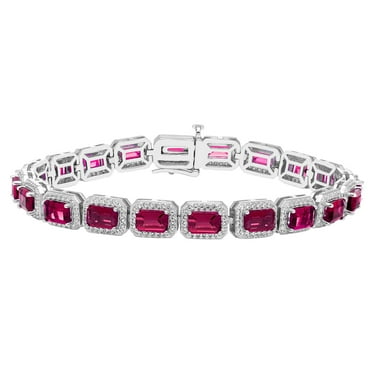 Emerald Cut Lab Created Gemstone Halo Tennis Bracelet in Sterling Silver