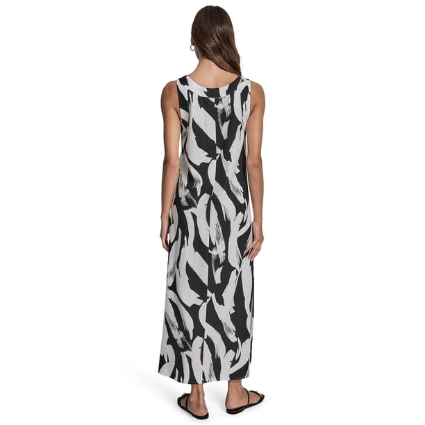 dkny black and white dress DKNY Women's Sleeveless Smocked Midi A-Line Dress in Black
