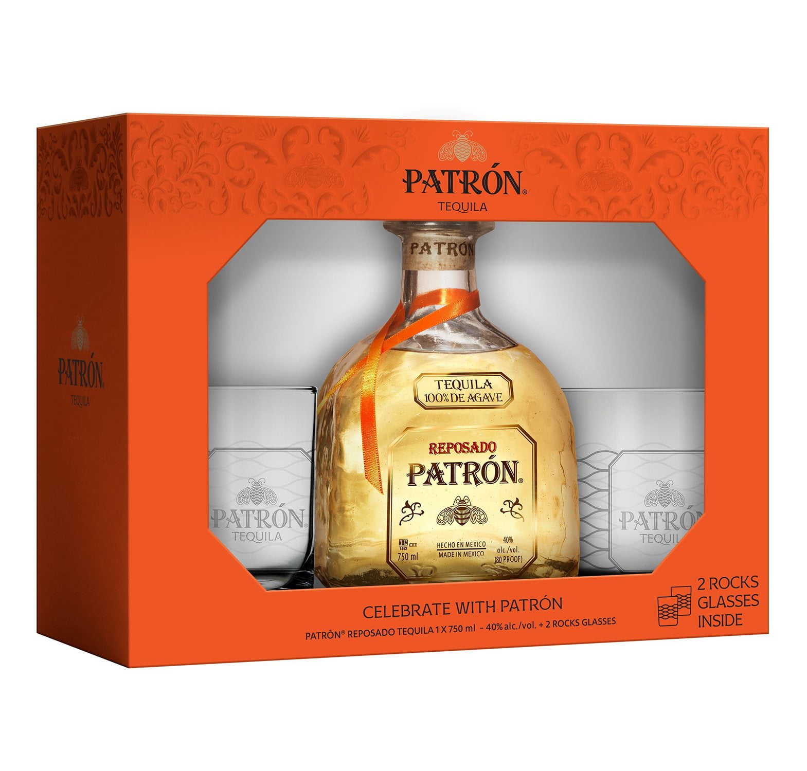 Patron Reposado Tequila, 750 ml Gift Pack with 2 Rocks Glasses