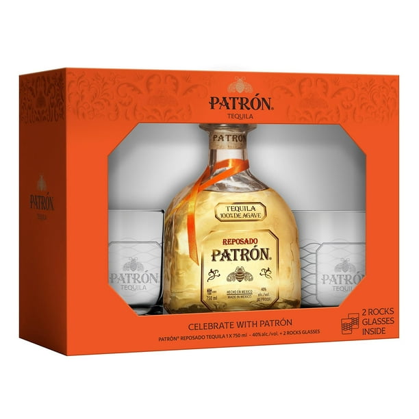 Patron Reposado Tequila, 750 ml Gift Pack with 2 Rocks Glasses