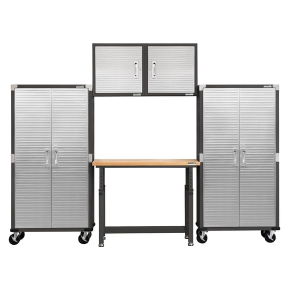 Seville Classics UltraHD 5-Piece Steel Garage Cabinet Storage Set With Height Adjustable Workbench, 10' Wide