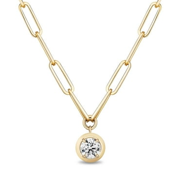 Round Cut Diamond Paperclip Necklace in 14K Gold