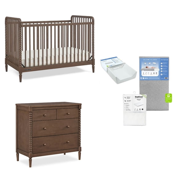 Delta Children Sawyer 5-Piece Nursery Furniture Set, 4-in-1 Convertible Crib, Dresser, Crib Mattress, Changing Pad & Mattress Protector, Choose Color