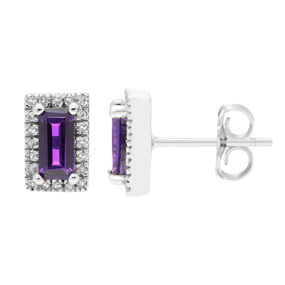 Baguette Cut Gemstone & 0.12 CT. TW Diamond Stud Halo Earrings in 14K Gold