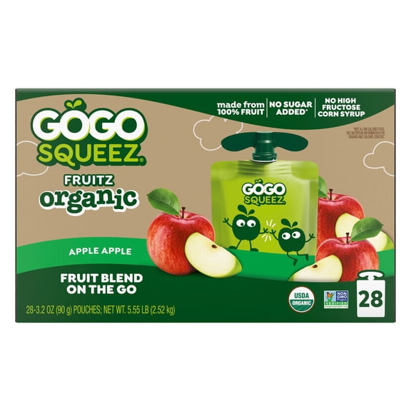 GoGo SqueeZ Organic Applesauce Pouches, Apple Apple, 3.2 oz., 28 ct.