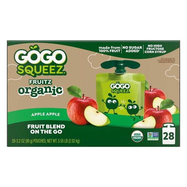 GoGo SqueeZ Organic Applesauce Pouches, Apple Apple, 3.2 oz., 28 ct.