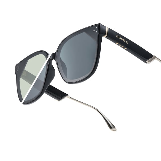 CHAMELO Lifestyle Veil Slider HVL Cat-Eye Smart Sunglasses, Glossy Black Frame with Smoke Lenses | Adjustable Electronic Tint, Fashion Lifestyle Eyewear, Polarized UV Protection