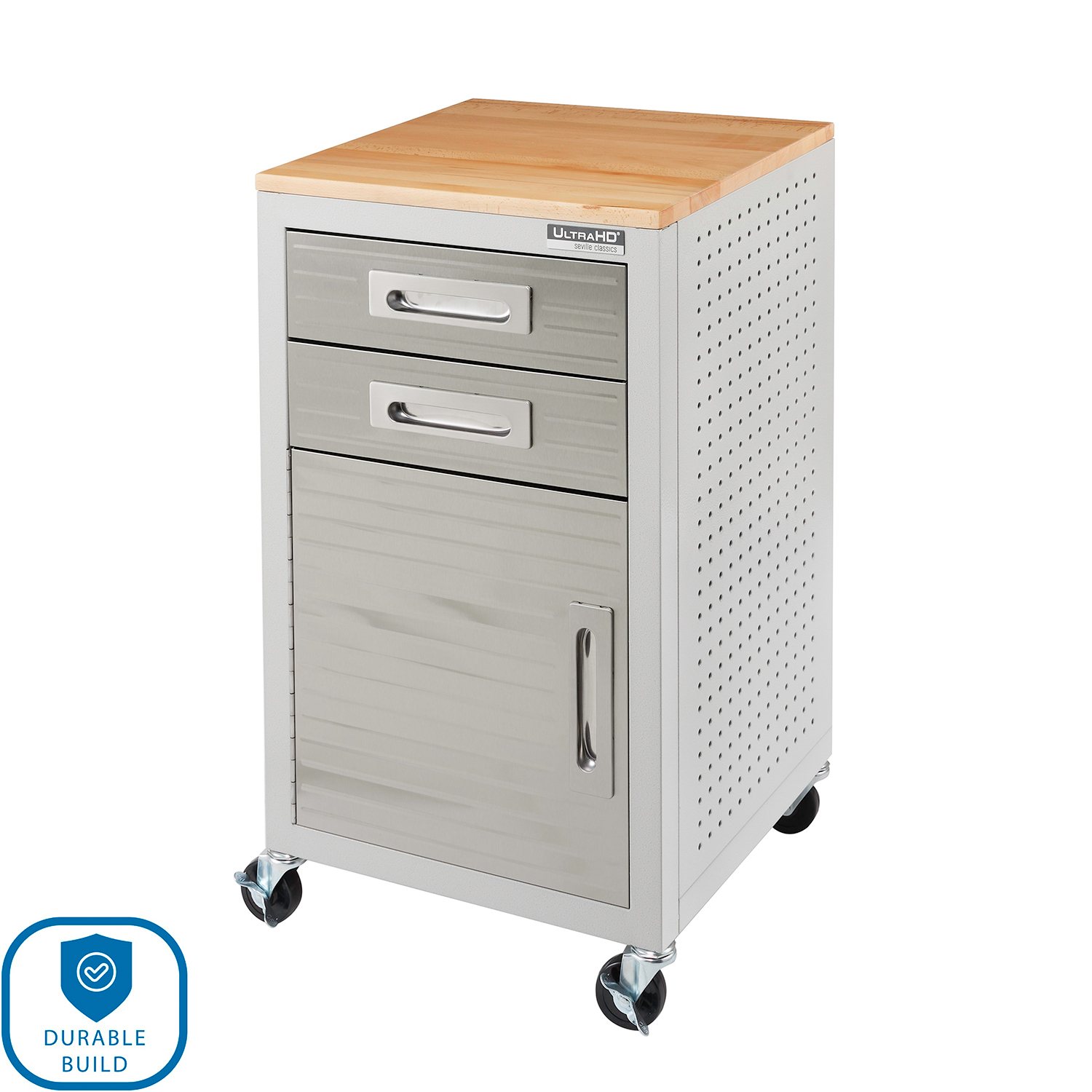 Same rolling storage cabinet with a large lower door and two drawers, metal body with perforated sides