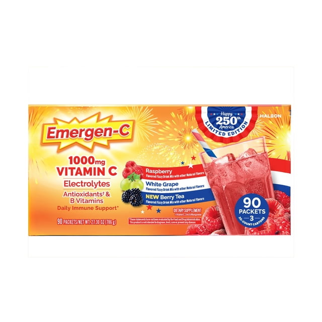 Emergen-C Vitamin C 1000 mg Powder 250th Anniversary Edition with Antioxidants Fizzy Drink Mix, 90 Packets