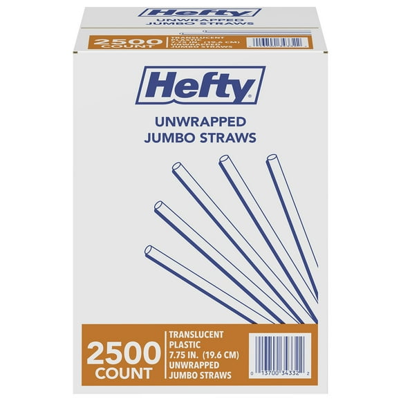 Hefty Jumbo Translucent Unwrapped Plastic Straws, 7.75", 2500 ct.